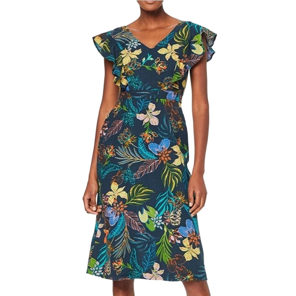Find. Linen Tropical Floral V-Neck Cap Sleeve Midi Dress Size 10